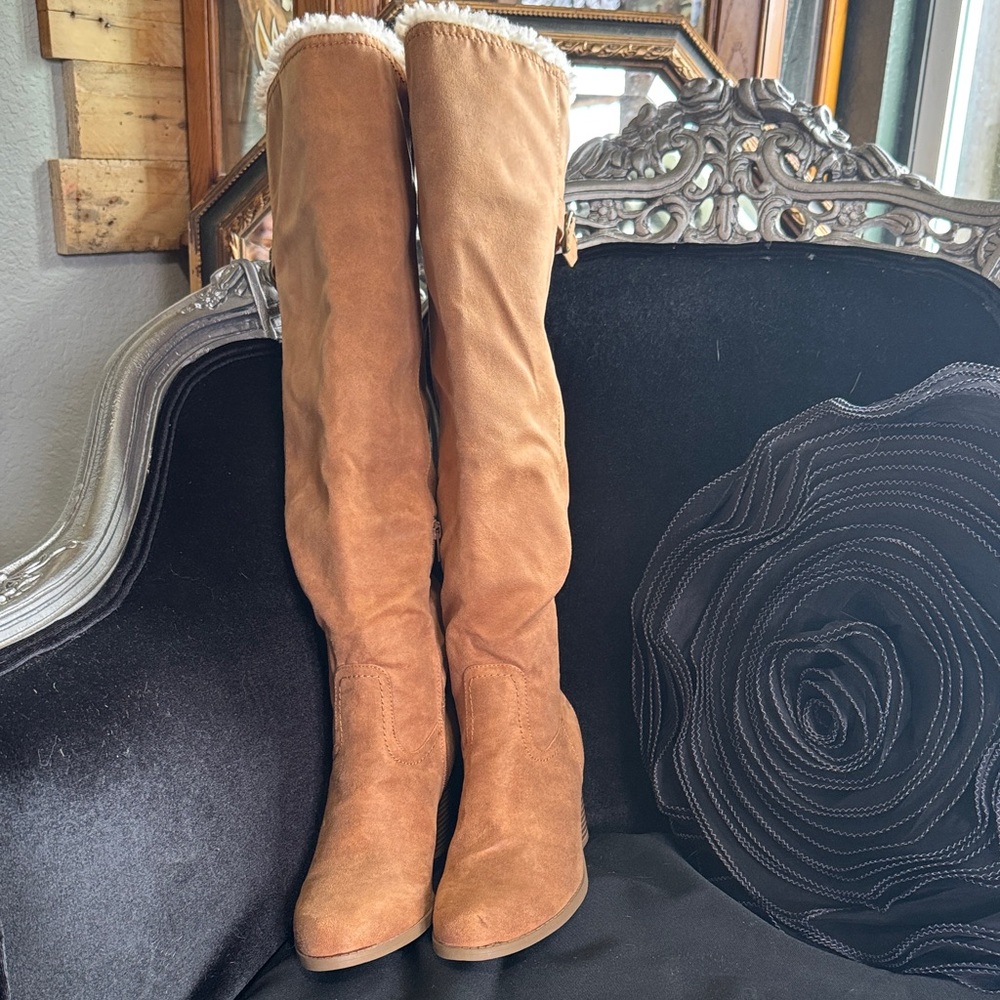 Knee-high tan vegan suede boots